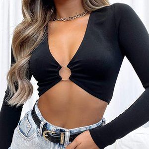 Plunging Neckline Crop Top with Golden Ring Centerpiece